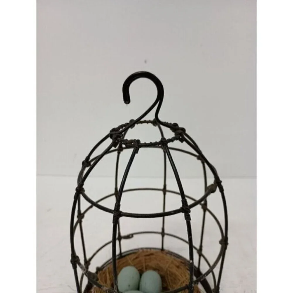 Vintage Metal Wire Cage With Bird Nest & Eggs Farmhouse Rustic Hanging Decor